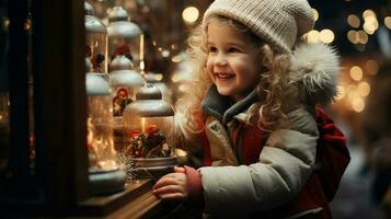 Jeune les enfants profiter le Noël décorations dans le village magasins ensemble- génératif ai. photo