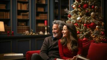 de bonne humeur vacances habillé couple portrait séance près Noël arbre - génératif ai. photo