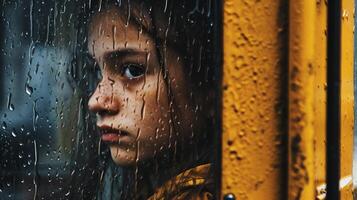 triste, effrayé, solitaire et du froid enfant est assis sur une école autobus seul - génératif ai. photo