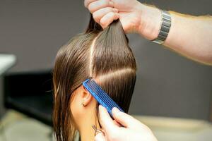 Masculin coiffeur divise femmes cheveux dans sections avec peigne et mains dans une beauté salon. photo