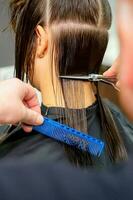 le Masculin coiffeur coupes retour femelle du client cheveux avec les ciseaux et peigne dans une beauté salon. photo