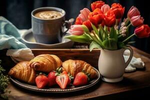 magnifique petit déjeuner le déjeuner avec tasse de café cappuccino. ai génératif photo