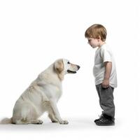 enfant garçon avec chien sur blanc Contexte. génératif ai photo