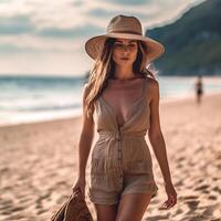 femme sur le plage. génératif ai photo