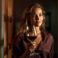 femme en buvant du vin. génératif ai photo