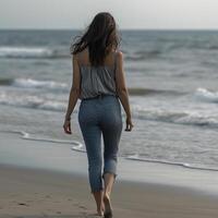 femme sur le plage. génératif ai photo