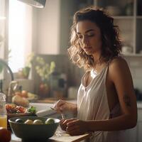 femme dans cuisine. génératif ai photo