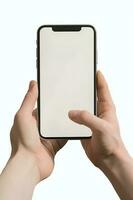 mains en portant une téléphone intelligent avec une Vide écran ai génératif photo