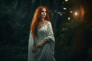 magnifique fille portant blanc robe dans le les bois à nuit avec le lumière lucioles fascinant aura photo