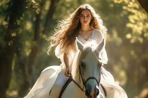 magnifique fille avec longue cheveux portant robe équitation blanc cheval dans le les bois photo