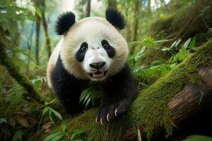 mignonne Panda regards à le caméra de derrière vert des buissons et des arbres, généré ai photo