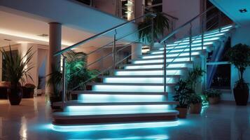 escaliers avec LED éclairage dans une moderne intérieur. ai généré. photo