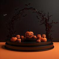 Halloween Contexte avec citrouilles sur podium. 3d rendre. ai génératif illustration. podium pour produit tirer. photo