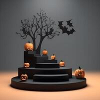 Halloween Contexte avec citrouilles sur podium. 3d rendre. ai génératif illustration. podium pour produit tirer. photo