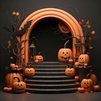 Halloween Contexte avec citrouilles sur podium. 3d rendre. ai génératif illustration. podium pour produit tirer. photo