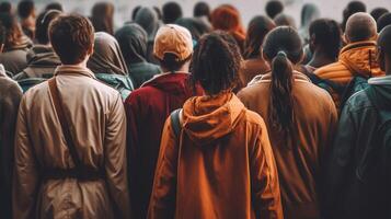 arrière vue de une groupe de Jeune gens en marchant dans le ville, génératif ai photo