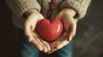 monde cœur journée concept. femme mains en portant rouge cœur avec monde carte. génératif ai photo