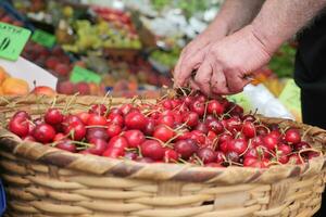 mûr Frais Cerise dans une légume panier photo