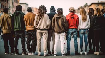 arrière vue de une groupe de Jeune gens en marchant dans le ville, génératif ai photo