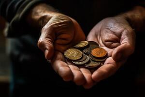 proche en haut de vieux homme mains en portant pièces de monnaie. la pauvreté concept, charité journée concept, génératif ai photo