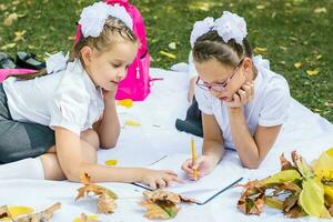deux mignonne écolières Faire devoirs sur une couverture dans une ensoleillé l'automne parc. Extérieur éducation. retour à école concept photo
