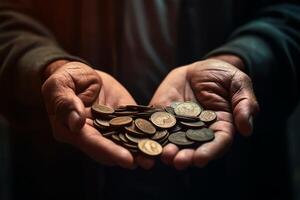 proche en haut de vieux homme mains en portant pièces de monnaie. la pauvreté concept, charité journée concept, génératif ai photo