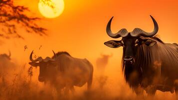 photo de gnou sur savane à le coucher du soleil. génératif ai