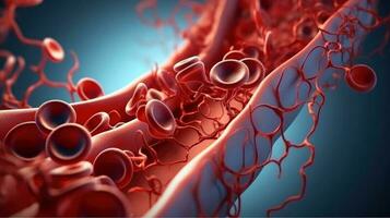 3d illustration maquette de le Humain organe systèmes, circulatoire, digestif, rouge et blanc cellules sanguines avec flou arrière-plan. médical éducation concept, génératif ai illustration photo