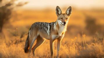 photo de noir soutenu chacal sur savane à le coucher du soleil. génératif ai