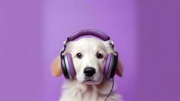 photo de d'or retriever en utilisant casque de musique sur violet Contexte. génératif ai