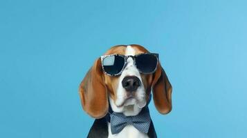 photo de hautain beagle en utilisant des lunettes de soleil et Bureau costume sur blanc Contexte. génératif ai