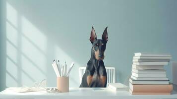 une doberman chien dans une chandail est assis en train d'étudier accompagné par une tasse et piles de livres. génératif ai photo