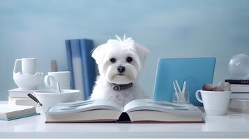 une maltais chien dans une chandail est assis en train d'étudier accompagné par une tasse et piles de livres. génératif ai photo