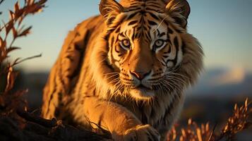 photo de tigre sur savane à le coucher du soleil. génératif ai