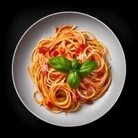 nourriture la photographie de spaghetti sur assiette isolé sur noir Contexte. génératif ai photo