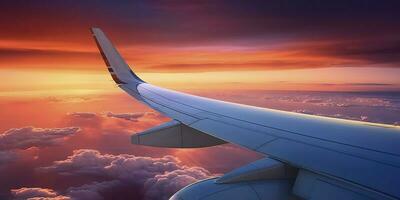 avion avion aile à le coucher du soleil temps par des nuages, ai génératif photo
