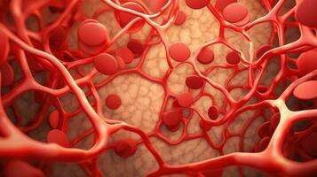 3d illustration maquette de le Humain organe systèmes, circulatoire, digestif, rouge et blanc cellules sanguines avec flou arrière-plan. médical éducation concept, génératif ai illustration photo