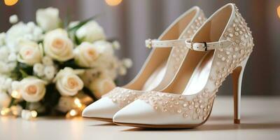 mariage fleurs et blanc chaussures. vacances. génératif ai photo