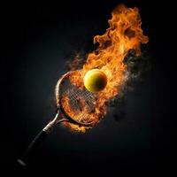 ardent tennis Balle sur noir arrière-plan, tennis Balle sur Feu photo
