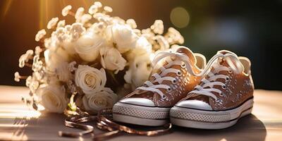 mariage fleurs et blanc chaussures. vacances. génératif ai photo