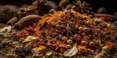 Indien épices proche en haut. poivre, Safran des Indes thym paprika cumin. génératif ai photo