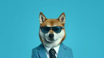 photo de hautain shiba inu chien en utilisant des lunettes et Bureau costume sur blanc Contexte. génératif ai