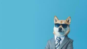 photo de hautain shiba inu chien en utilisant des lunettes et Bureau costume sur blanc Contexte. génératif ai