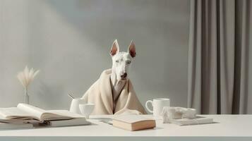 une doberman chien dans une chandail est assis en train d'étudier accompagné par une tasse et piles de livres. génératif ai photo