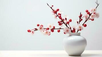 photo de prune fleur dans minimaliste pot comme plante d'appartement pour Accueil décoration sur blanc table sur brillant Contexte. génératif ai