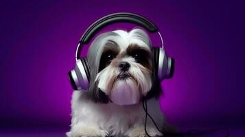 photo de shih tzu en utilisant casque de musique sur violet Contexte. génératif ai