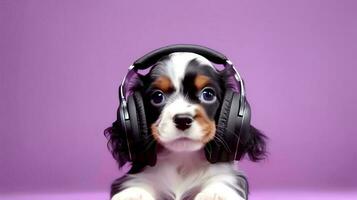 photo de hautain cavalier en utilisant casque de musique et Bureau costume sur blanc Contexte. génératif ai