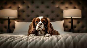 cavalier chien mensonge sur lit dans Hôtel avec contemporain intérieur conception. génératif ai photo