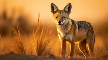 photo de chacal sur savane à le coucher du soleil. génératif ai