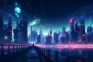 cyberpunk ville illustration dans le nuit vue photo